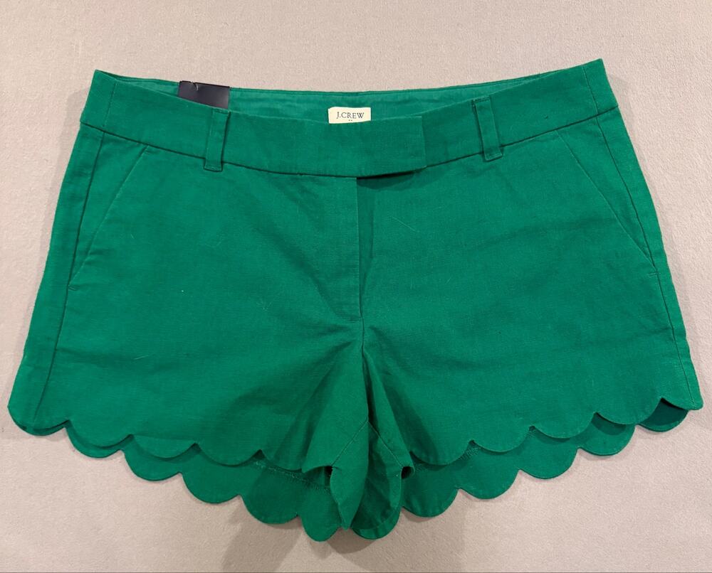J.Crew Green Linen Blend Scalloped Hem 4” Shorts Size 12 Short NWT